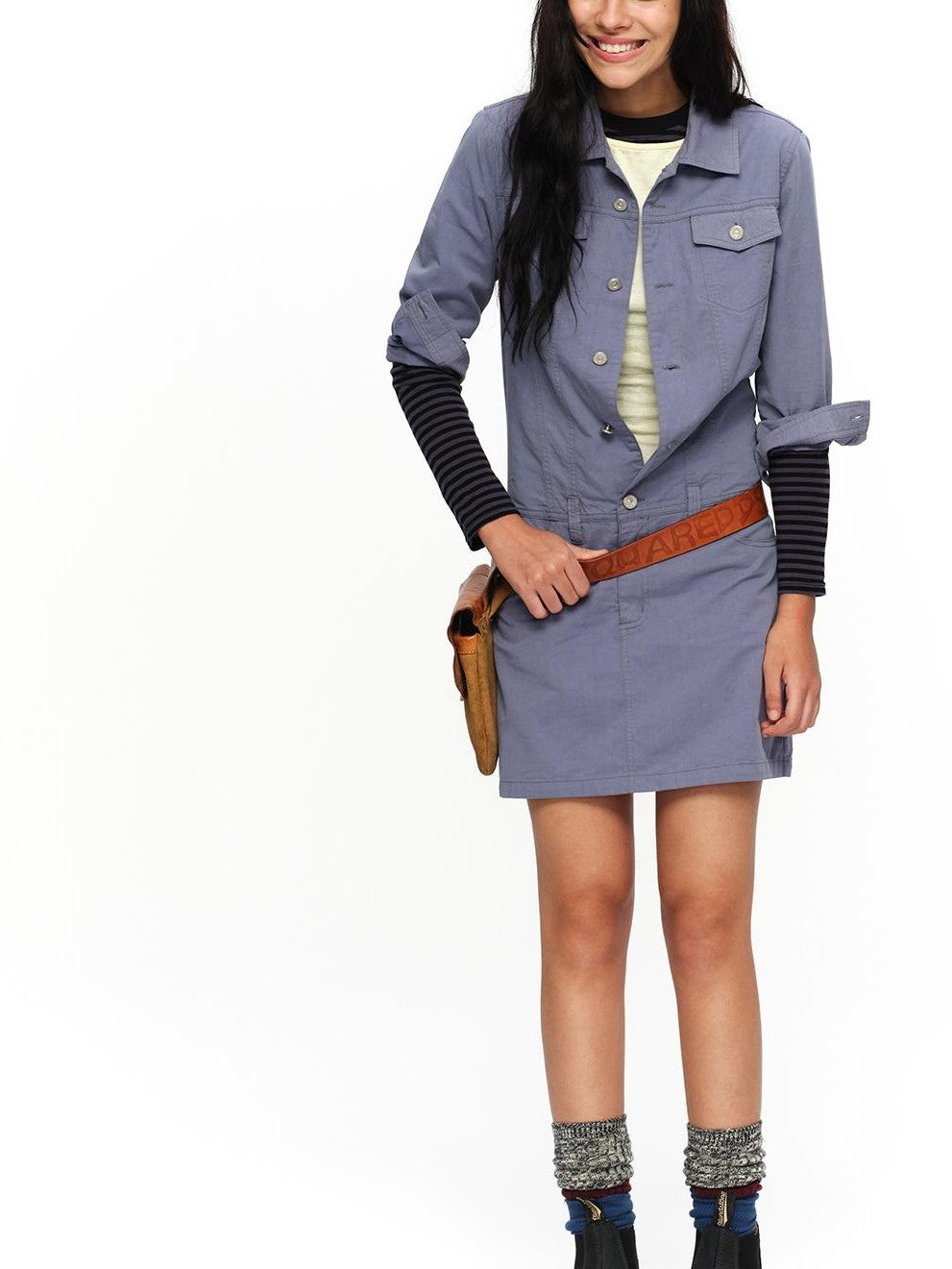 oinimi Washed Collar Button Pocket Low Waist Women&