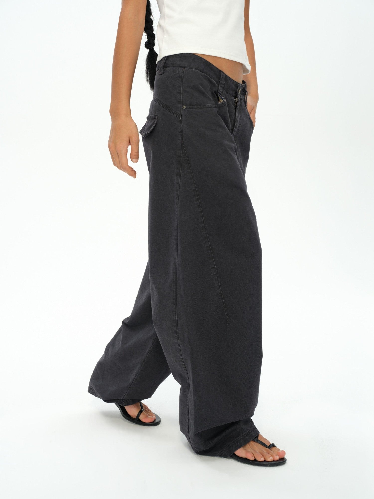 oinimi Washed Iron Gray Distressed Curved Zipper High Waist Women&