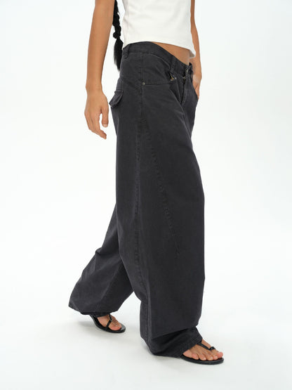 oinimi Washed Iron Gray Distressed Curved Zipper High Waist Women&