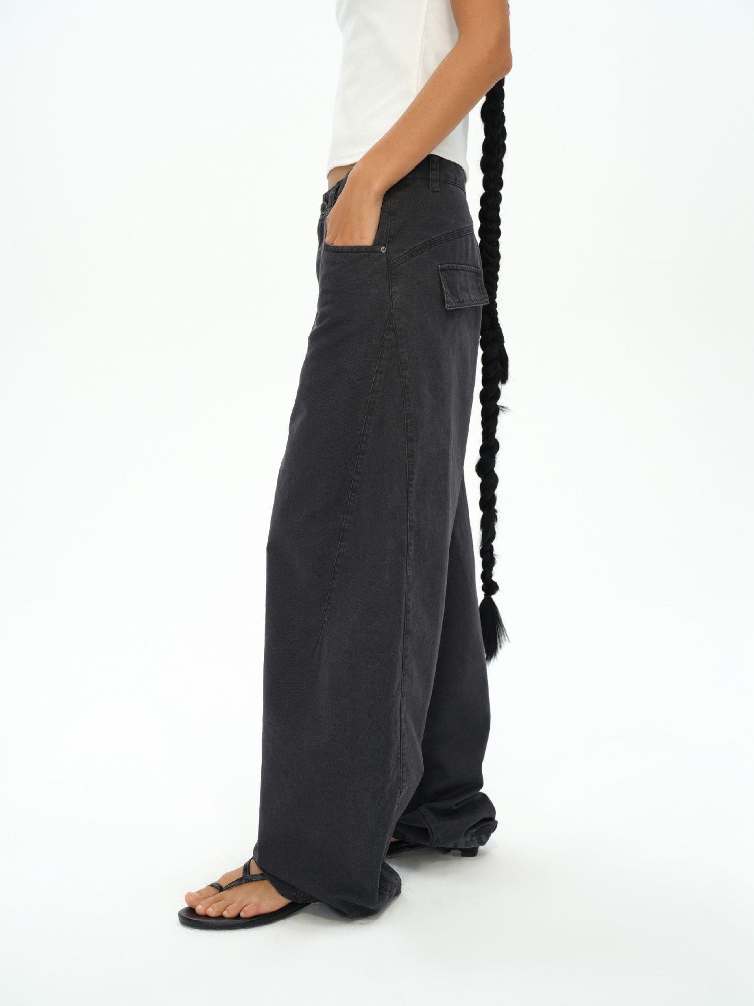 oinimi Washed Iron Gray Distressed Curved Zipper High Waist Women&