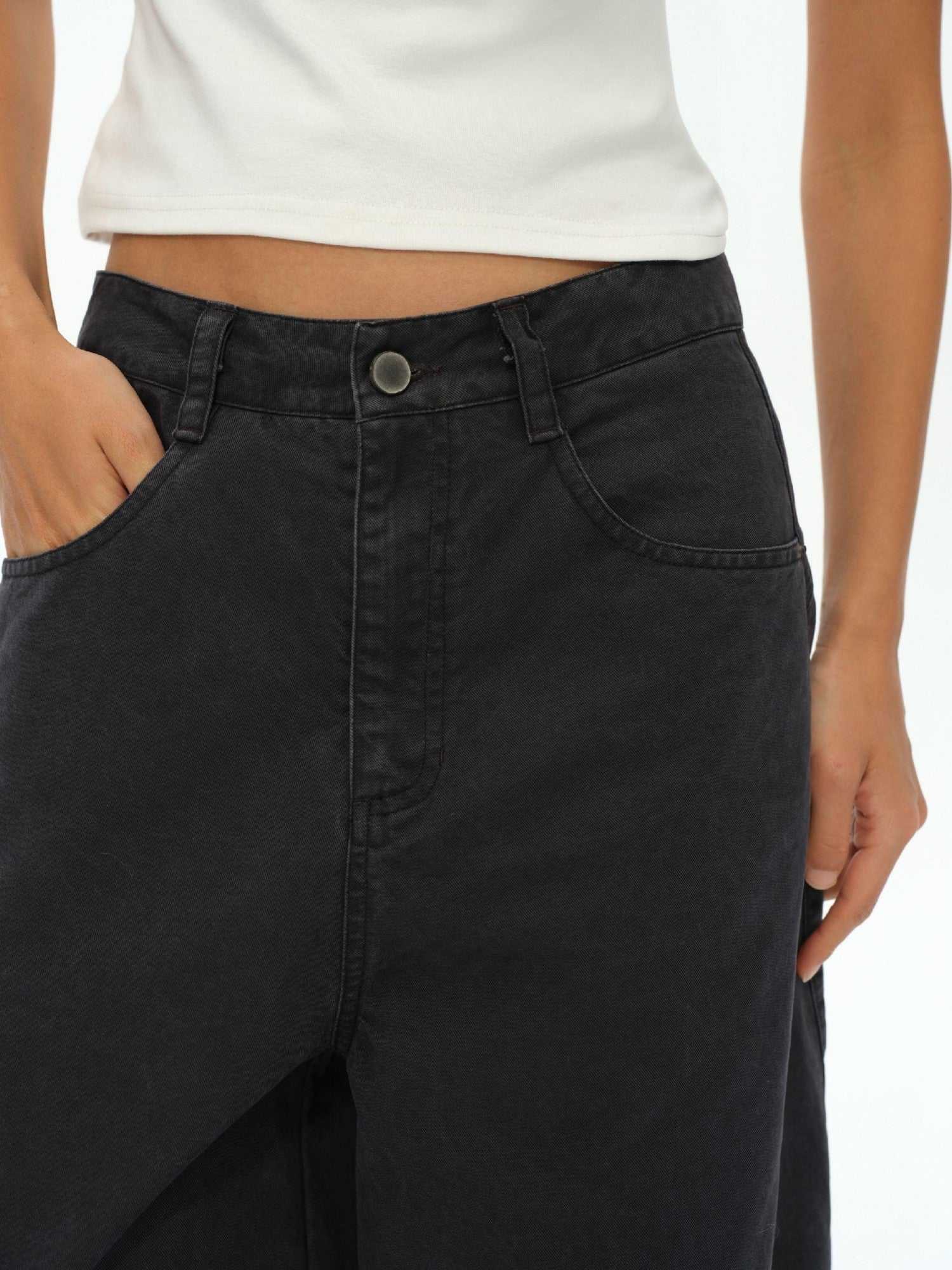 oinimi Washed Iron Gray Distressed Curved Zipper High Waist Women&