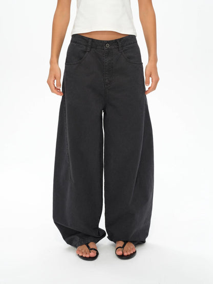 oinimi Washed Iron Gray Distressed Curved Zipper High Waist Women&