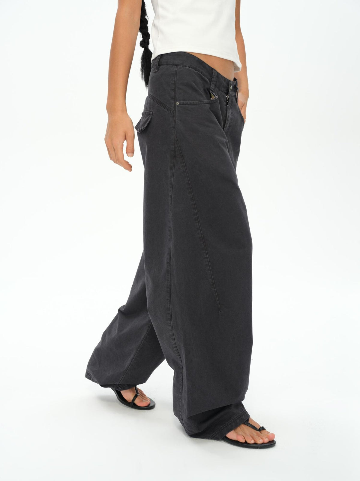oinimi Washed Iron Gray Distressed Curved Zipper High Waist Women&