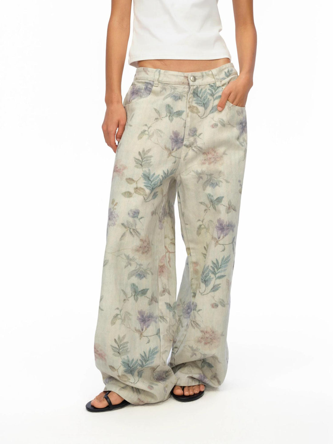 oinimi Washed Wide Leg Jeans with Botanical Print Mid Low Waist Casual Trousers