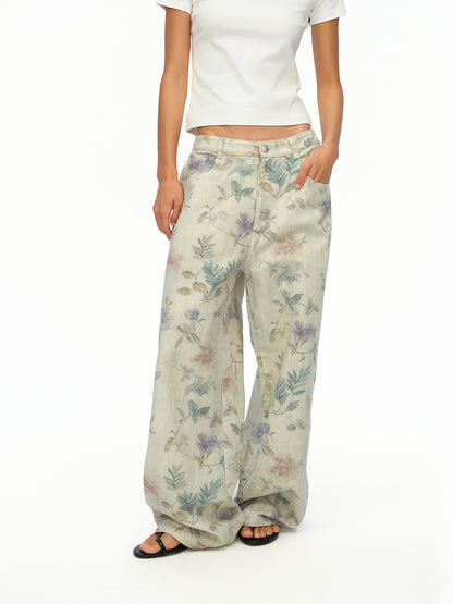 oinimi Washed Wide Leg Jeans with Botanical Print Mid Low Waist Casual Trousers