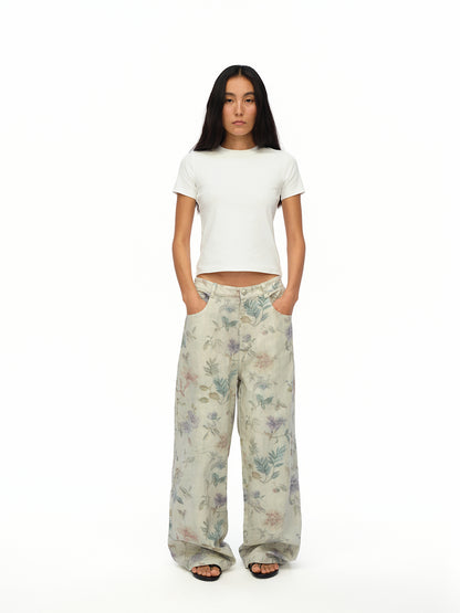 oinimi Washed Wide Leg Jeans with Botanical Print Mid Low Waist Casual Trousers