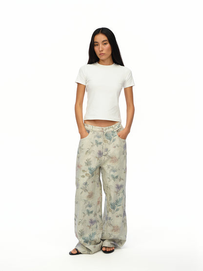oinimi Washed Wide Leg Jeans with Botanical Print Mid Low Waist Casual Trousers