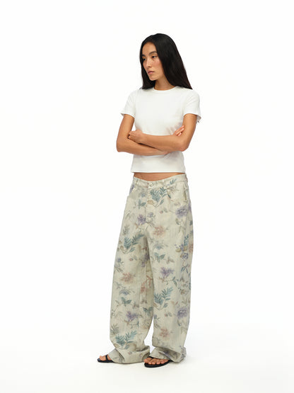 oinimi Washed Wide Leg Jeans with Botanical Print Mid Low Waist Casual Trousers