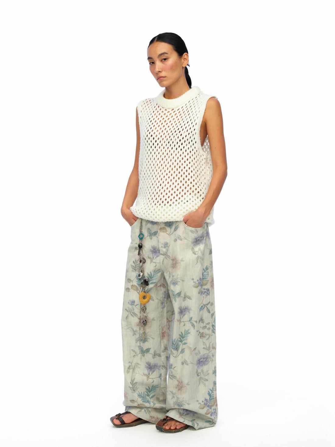 oinimi Washed Wide Leg Jeans with Botanical Print Mid Low Waist Casual Trousers