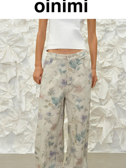 oinimi Washed Wide Leg Jeans with Botanical Print Mid Low Waist Casual Trousers
