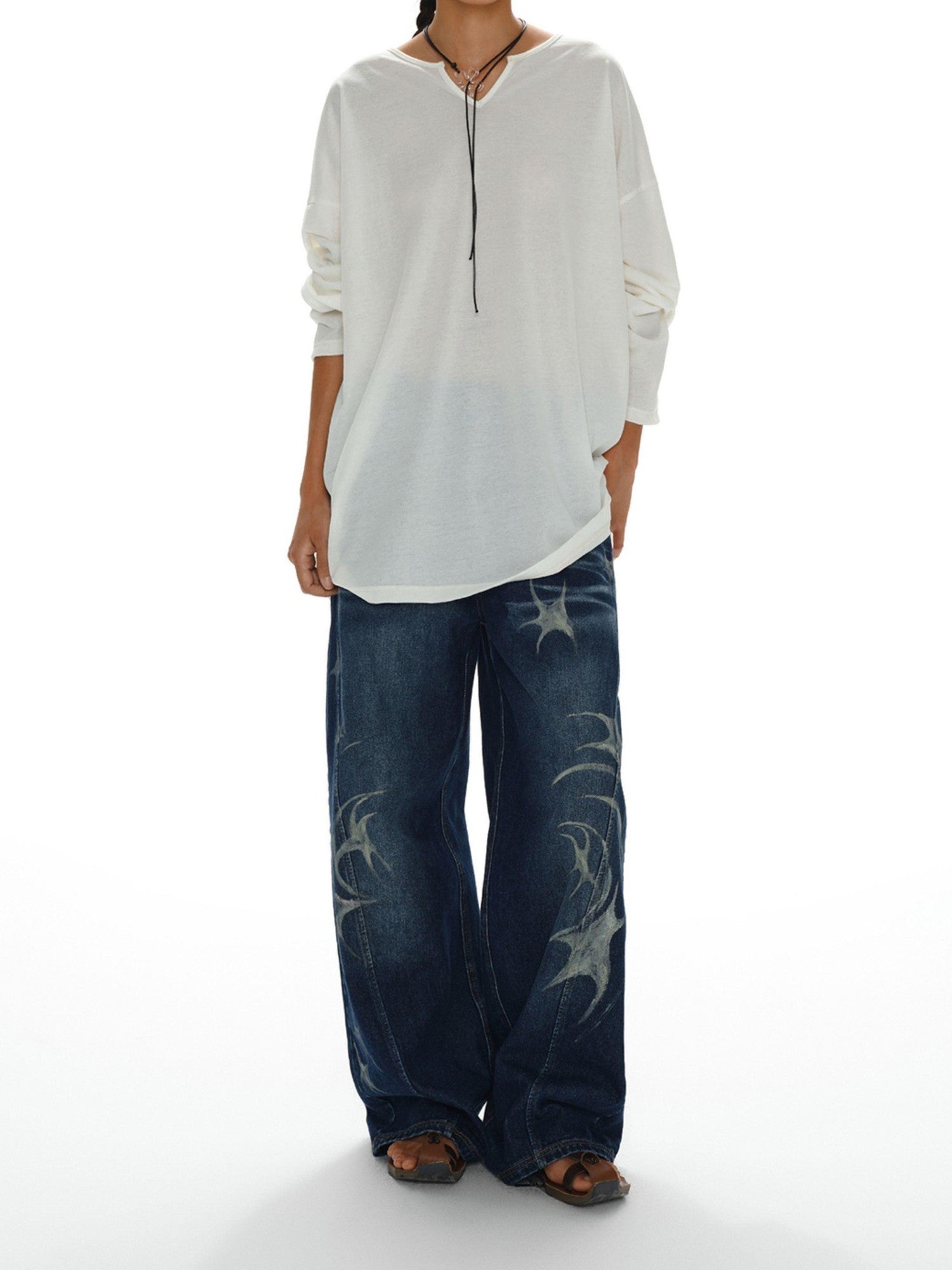 oinimi White Draped V-neck Loose Women&