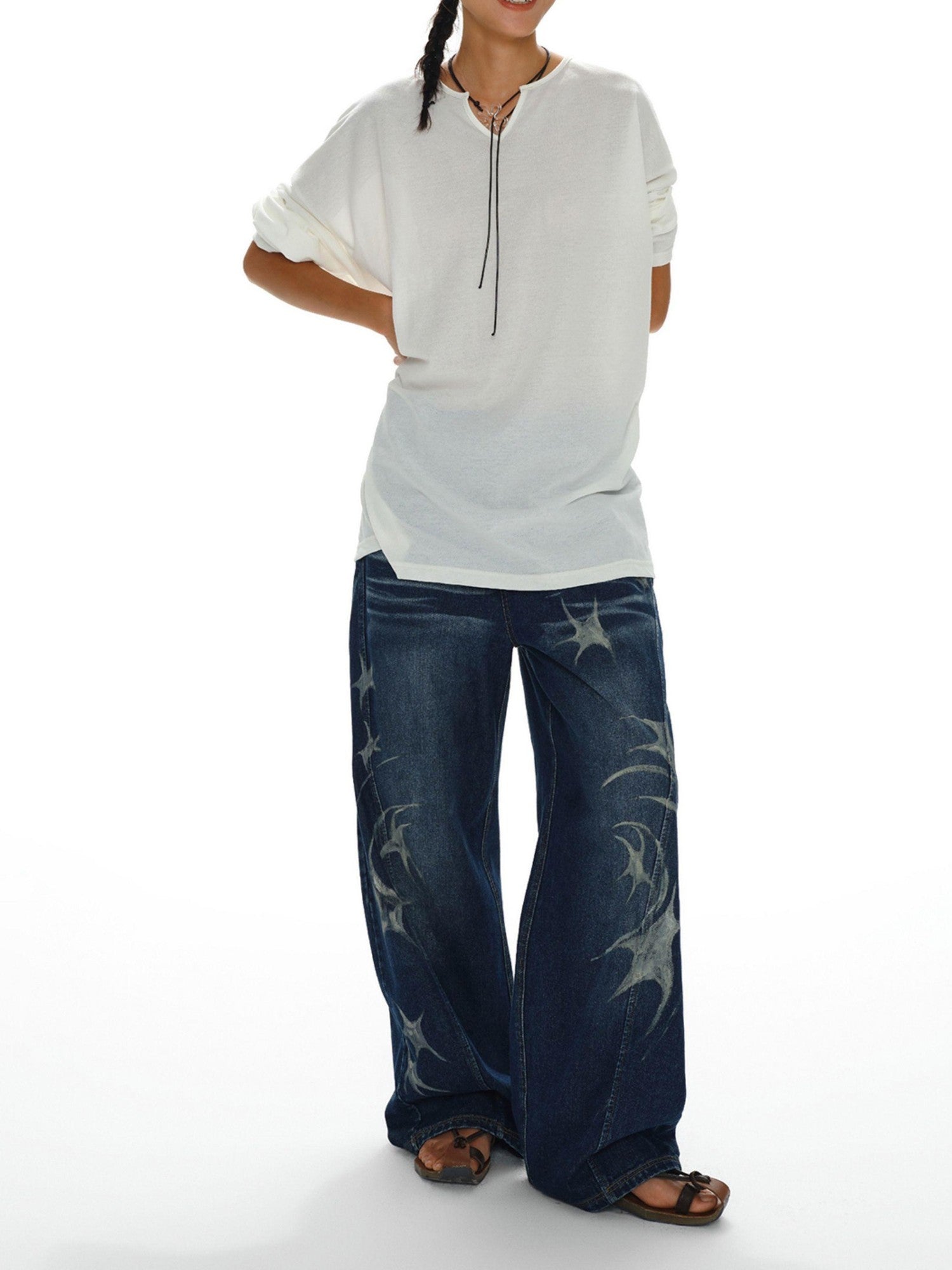 oinimi White Draped V-neck Loose Women&