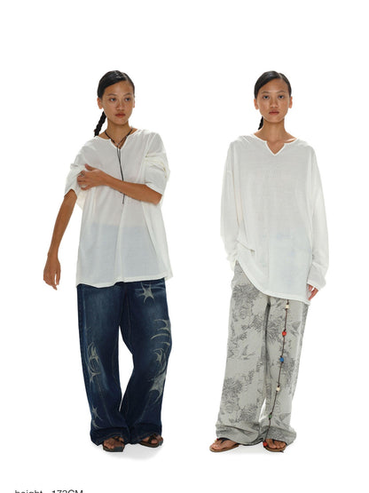 oinimi White Draped V-neck Loose Women&