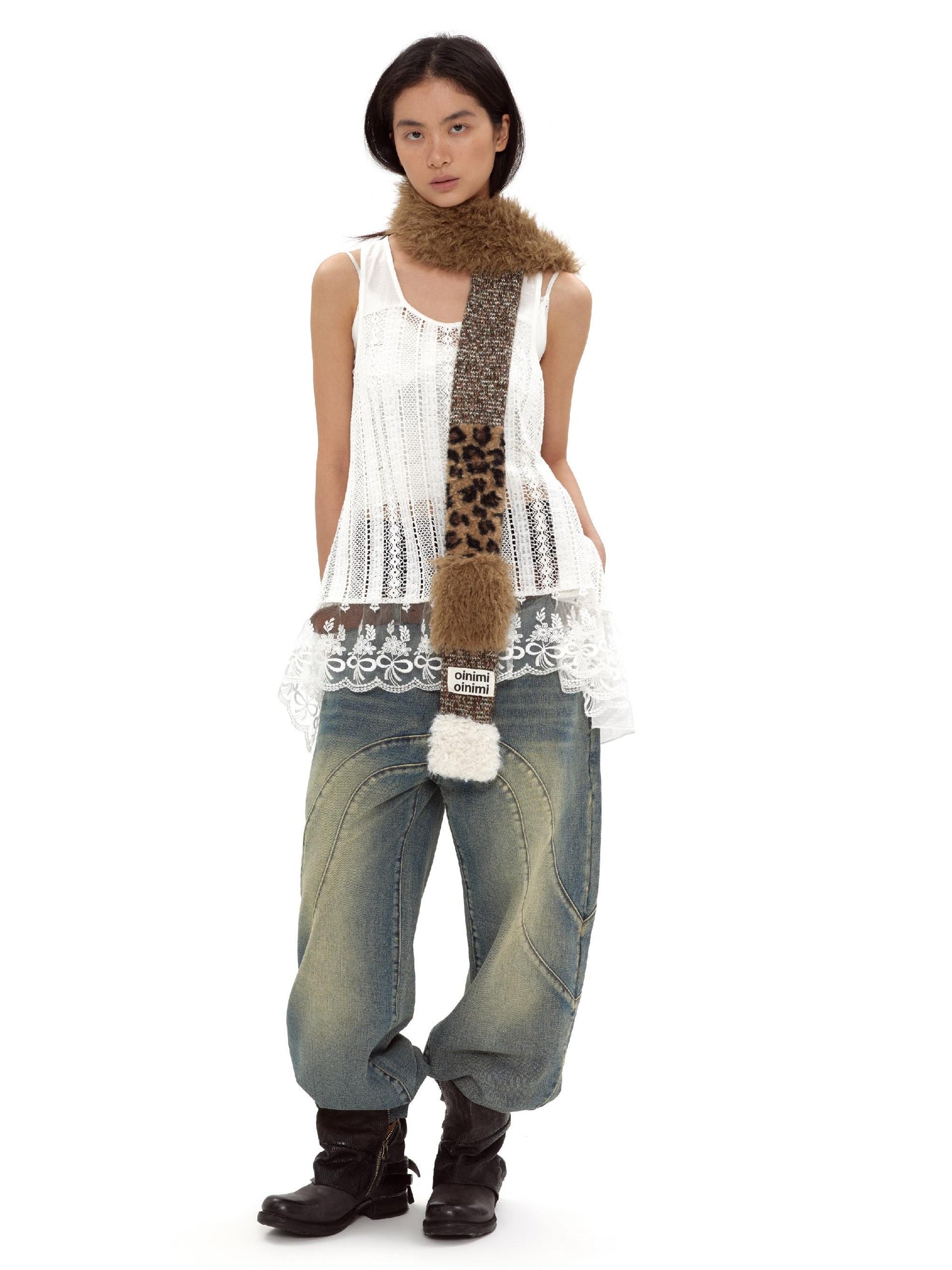 oinimi White Lace Bralette Layering Vest With Bow