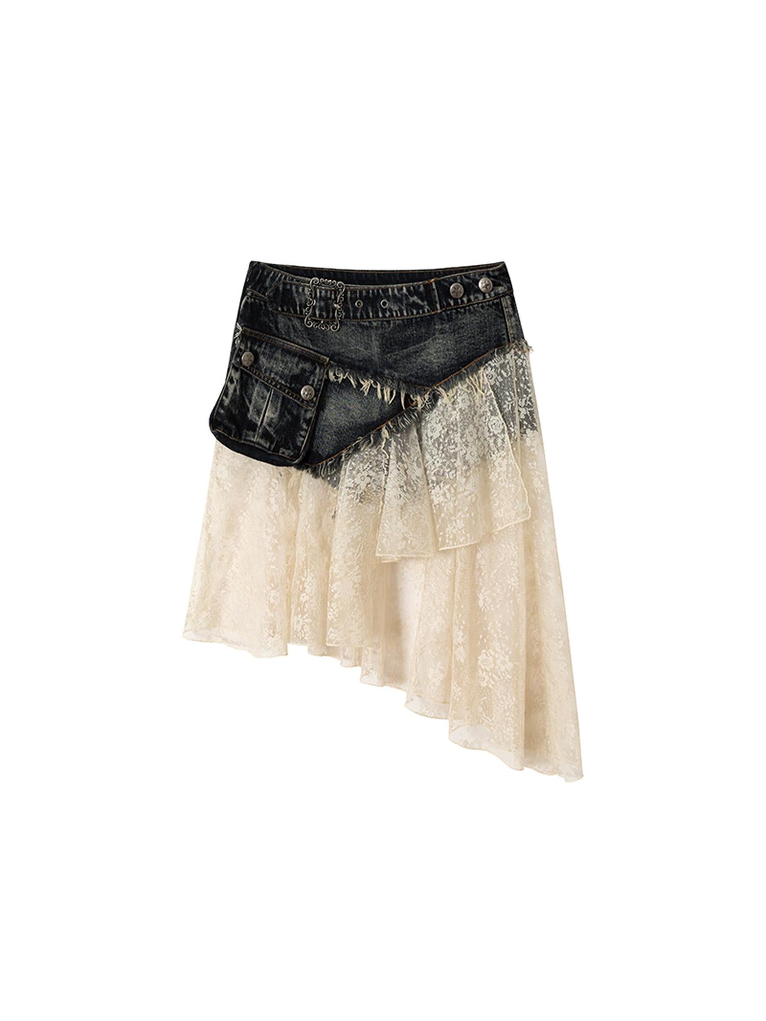 NO ROMANCE Vintage Distressed Denim Skirt Pants With Lace Trim