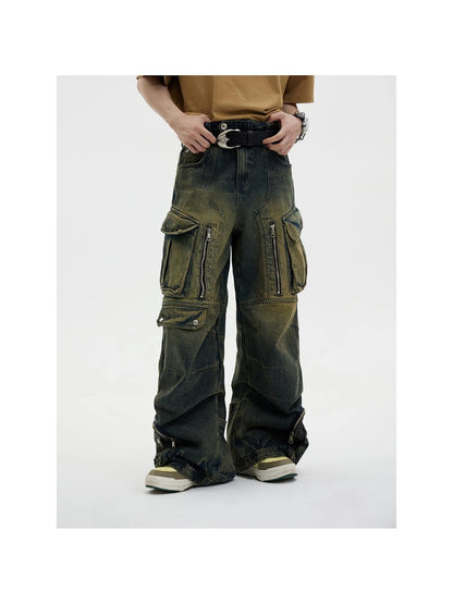 Vintage Industrial Washed Wide Leg Cargo Jeans