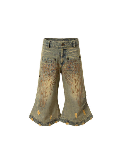 NO ROMANCE Vintage Punk Street Distressed Embroidered Wide Leg Cropped Jeans