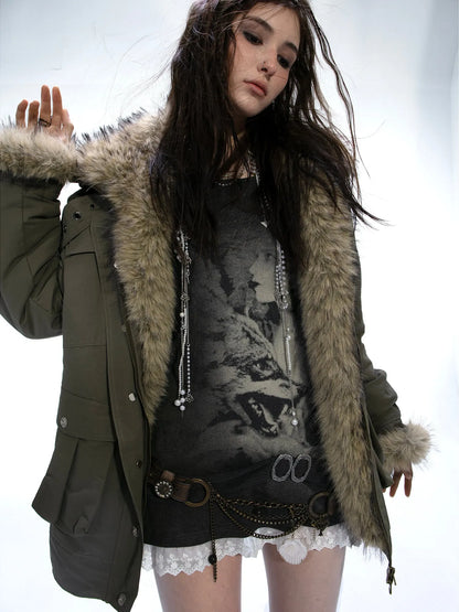 Winter Faux Fur Lined Hooded Parka Coat With Thick Fur Trim