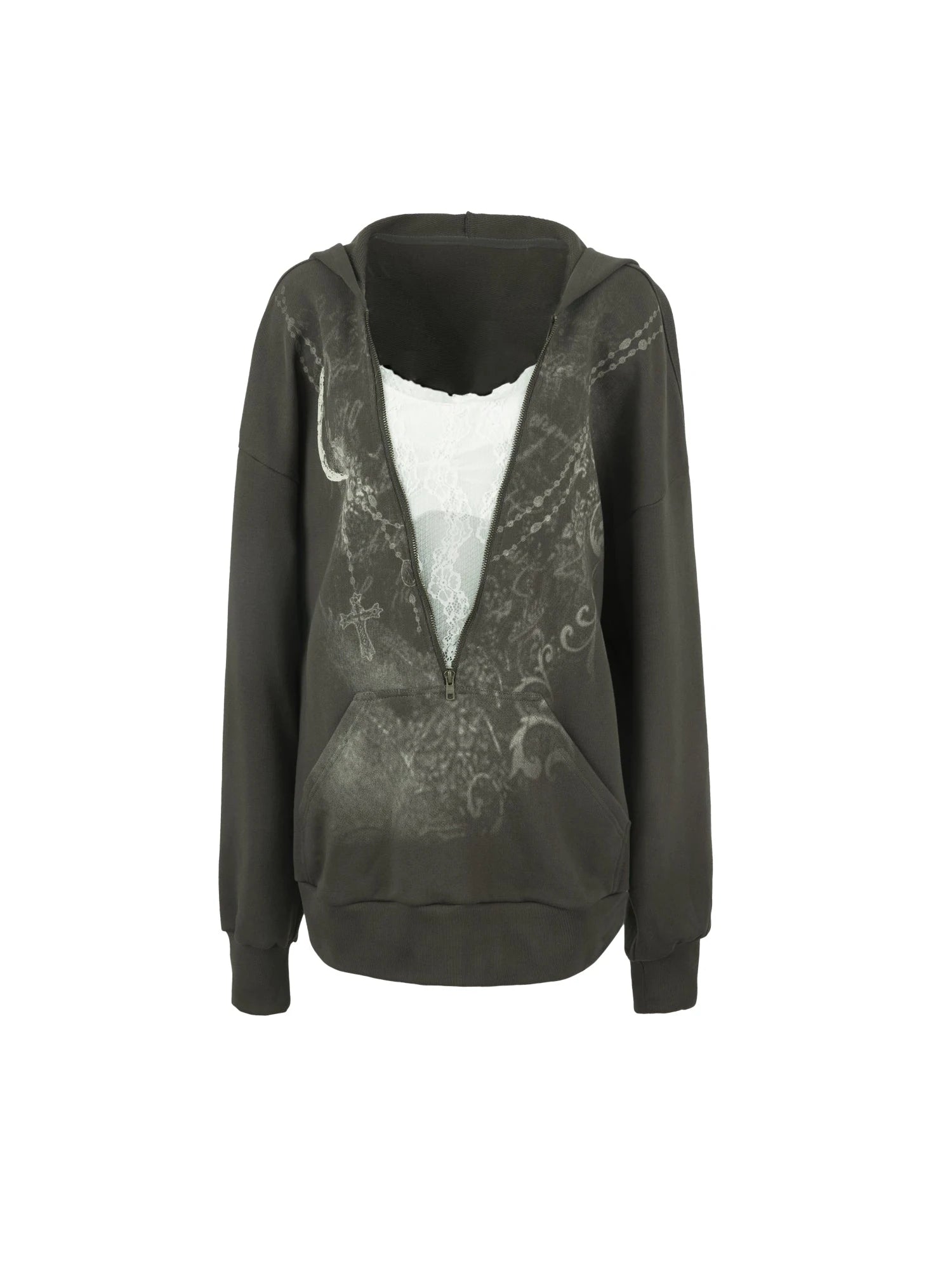 Oversized Hooded Zip-Up Batwing Sweatshirt With Lace Detail
