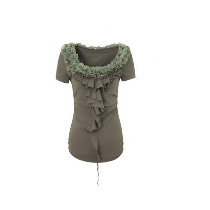 DoublePunch Vintage Lace Ruffled Slim Fit Square Neck T-Shirt