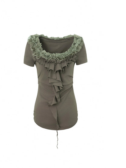 Vintage Lace Ruffled Slim Fit Square Neck T-Shirt