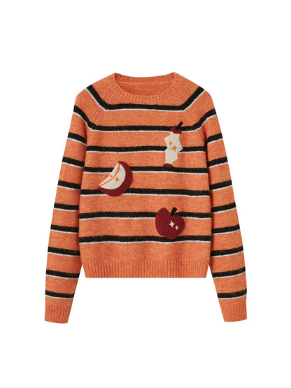 Retro Apple Embroidered Striped Mohair Sweater