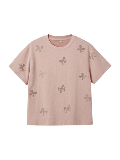 DIDDI MODA Butterfly Bow Crystal Embellished Oversized Tee