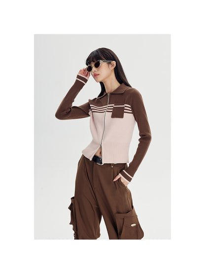 DIDDI MODA Retro Dual Zip Colorblock Knit Sweater