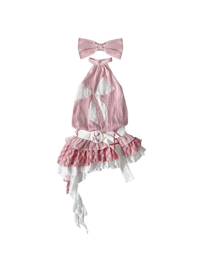 WSW WUSHENWU Tom S Dreamy Blue Bow Trim Lace Sundress