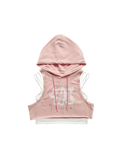 WSW WUSHENWU Pink &amp; Blue Rhinestone Hooded Vest Two Piece Set
