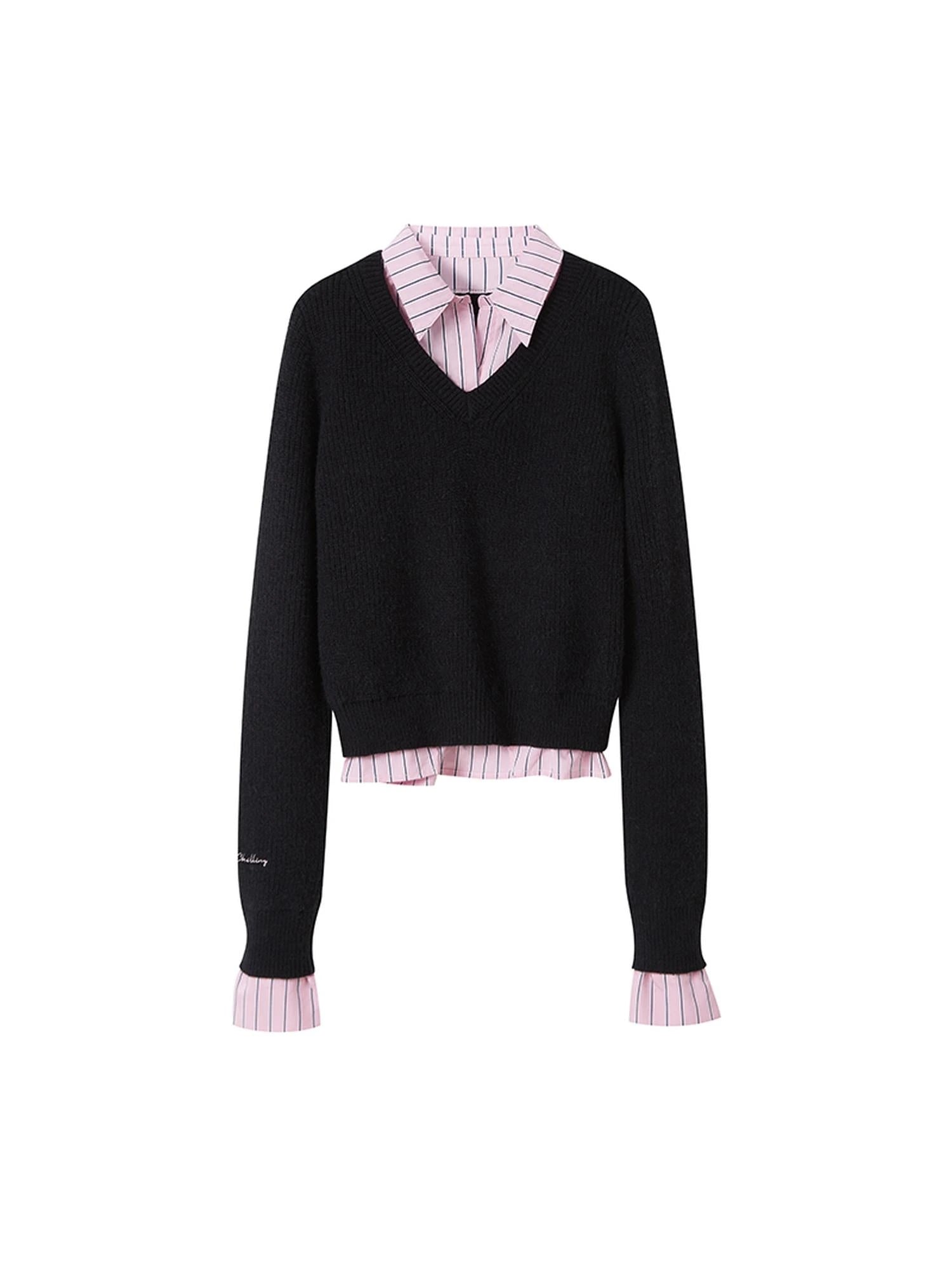 Vintage Waisted Pink Blue Striped Knit Fake Two Piece Shirt