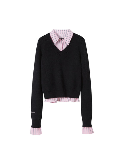 Vintage Waisted Pink Blue Striped Knit Fake Two Piece Shirt