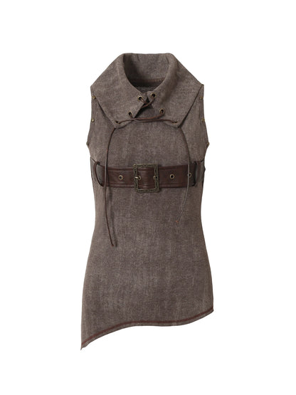 Punk Knit Sleeveless Top With Belt &amp; Lapel Design T-Shirt
