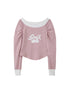 DIDDI MODA Cherry Bow Pleated Off Shoulder Sweatshirt