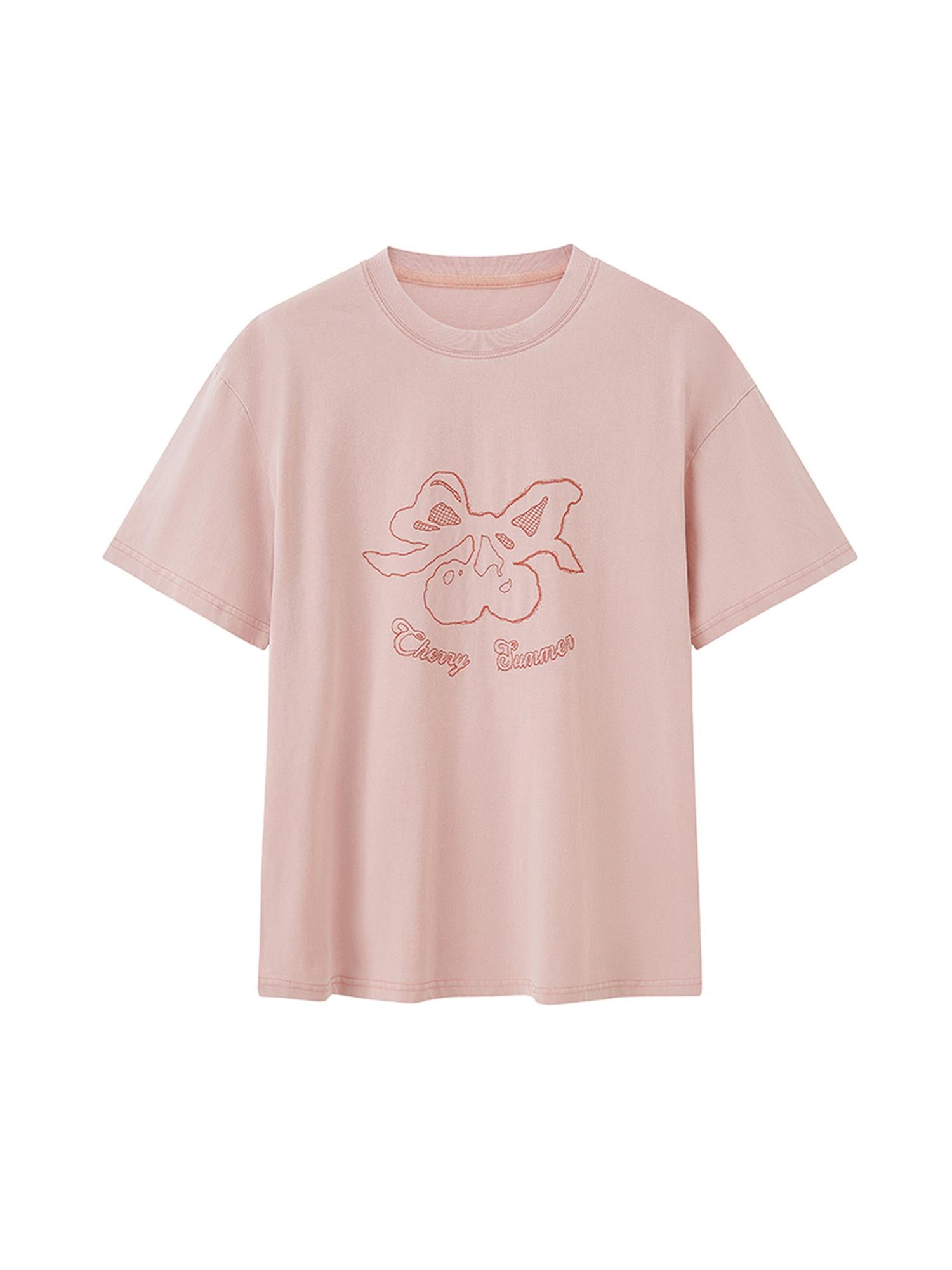 DIDDI MODA Vintage Cherry Butterfly Swallow Embroidered Tee With Lace Trim Skirt Set