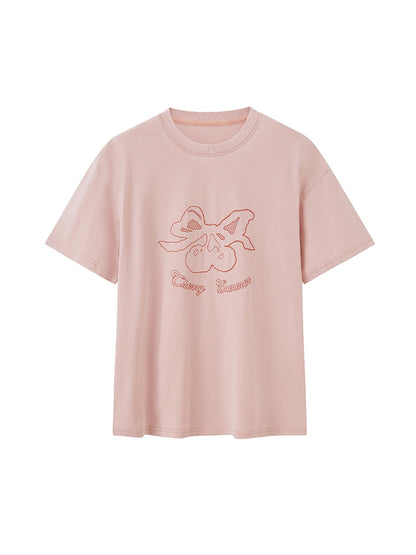 DIDDI MODA Vintage Cherry Butterfly Swallow Embroidered Tee With Lace Trim Skirt Set