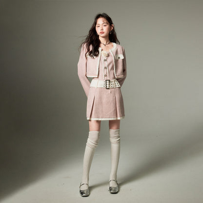 DIDDI MODA Autumn Rose Embroidered Tweed Coat Dress Set