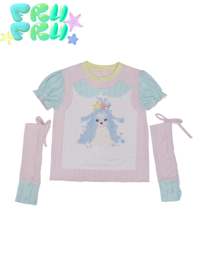 Frufru Gulu Y2K Pink Blue Contrast Puppy Print Cotton Tee For Girls