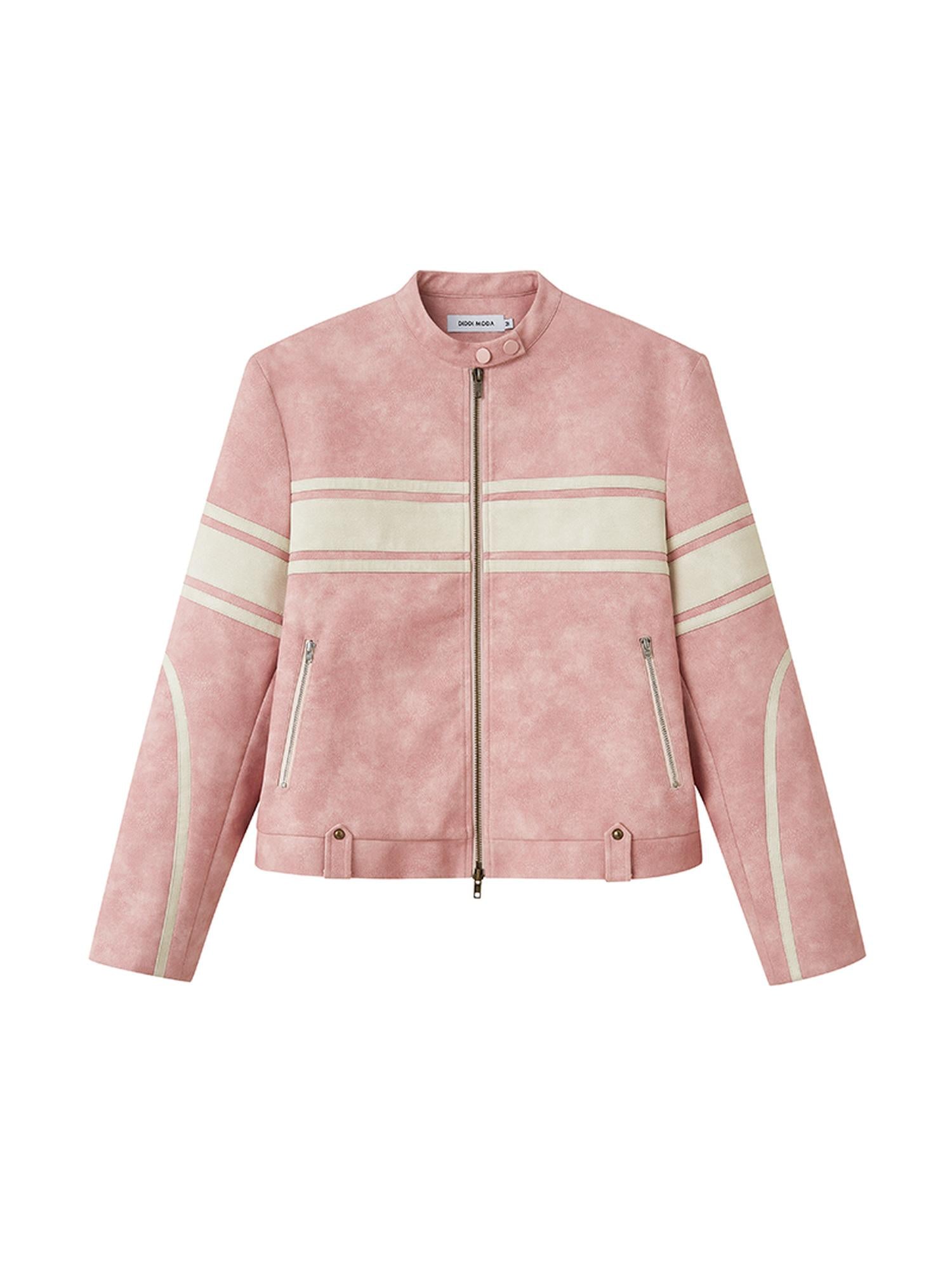 DIDDI MODA Pink White Stripe Vintage Leather Jacket