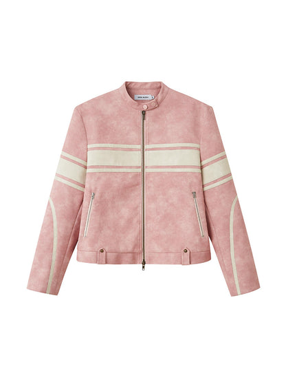 DIDDI MODA Pink White Stripe Vintage Leather Jacket