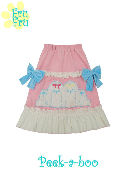 Pink Poodle Corduroy Lace Dress With Heart Embroidery