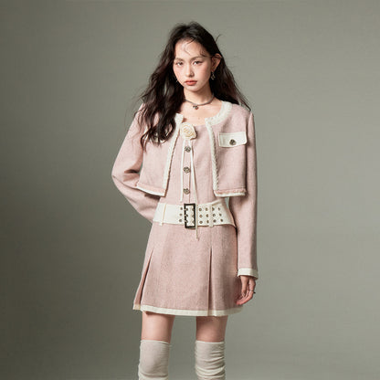 DIDDI MODA Autumn Rose Embroidered Tweed Coat Dress Set