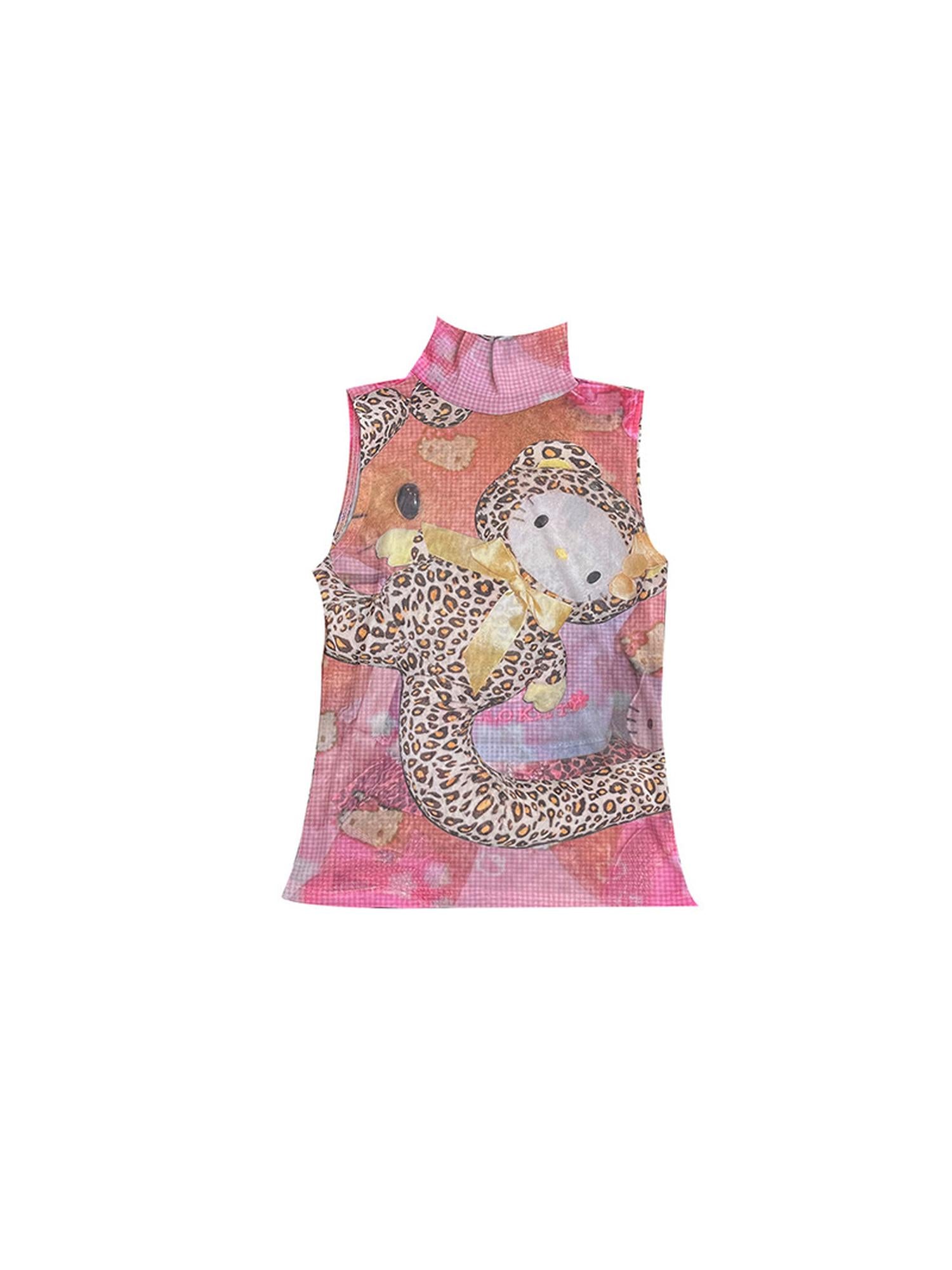 Ttsunami Sexy Sleeveless Mesh Kitty Top With Leopard Print Stretch T-Shirt
