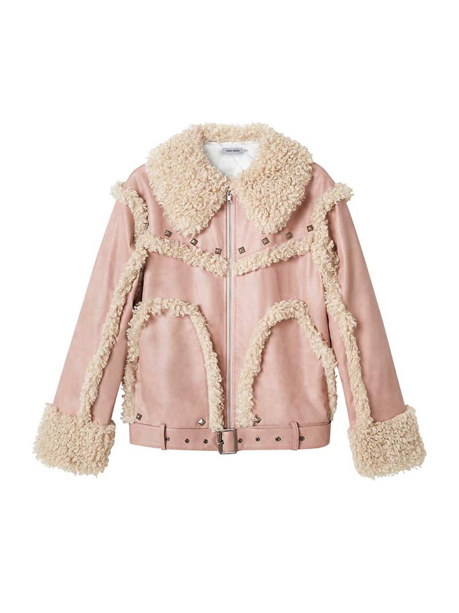 DIDDI MODA Vintage Chic Wool PU Skirt Set With Detachable Fur