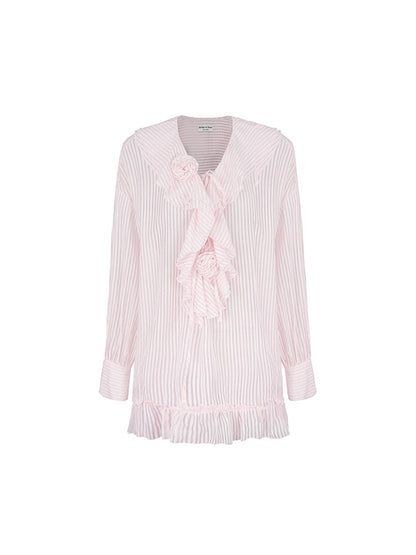 STRIKE A POSE Relaxed V-Neck Flowy Ruffle Stripe Blouse Shirt