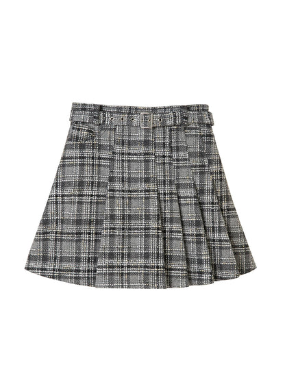 DIDDI MODA Handwoven Checkered Vest Asymmetrical Pleated Skirt Set