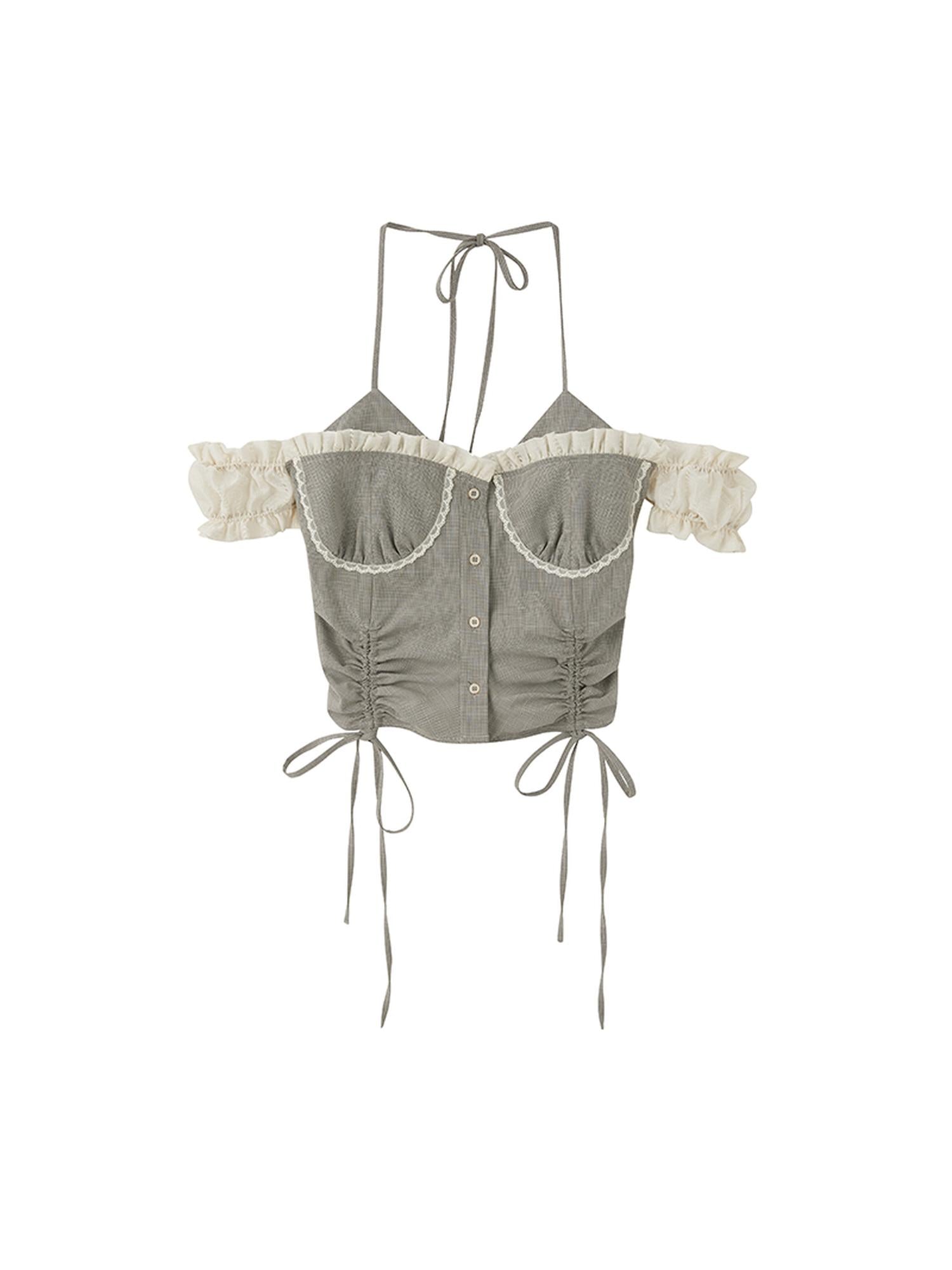 DIDDI MODA Retro Checkered Halter Set With Ruffled Skirt