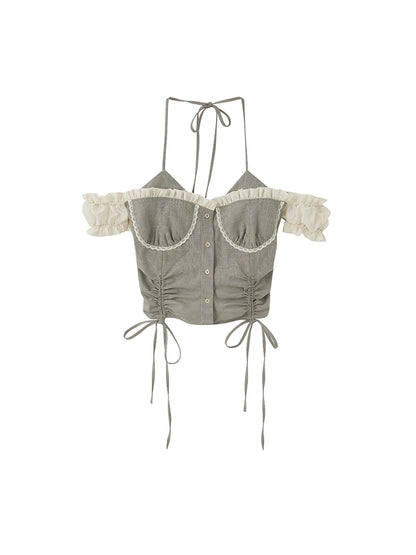 DIDDI MODA Retro Checkered Halter Set With Ruffled Skirt