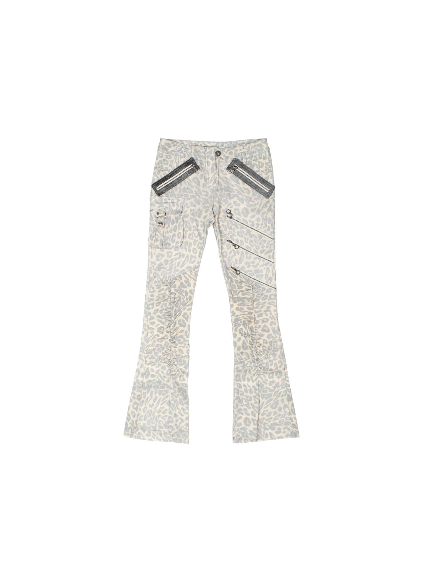 Y2K Punk Patchwork Flared Pants Retro Grunge Low Rise Leopard