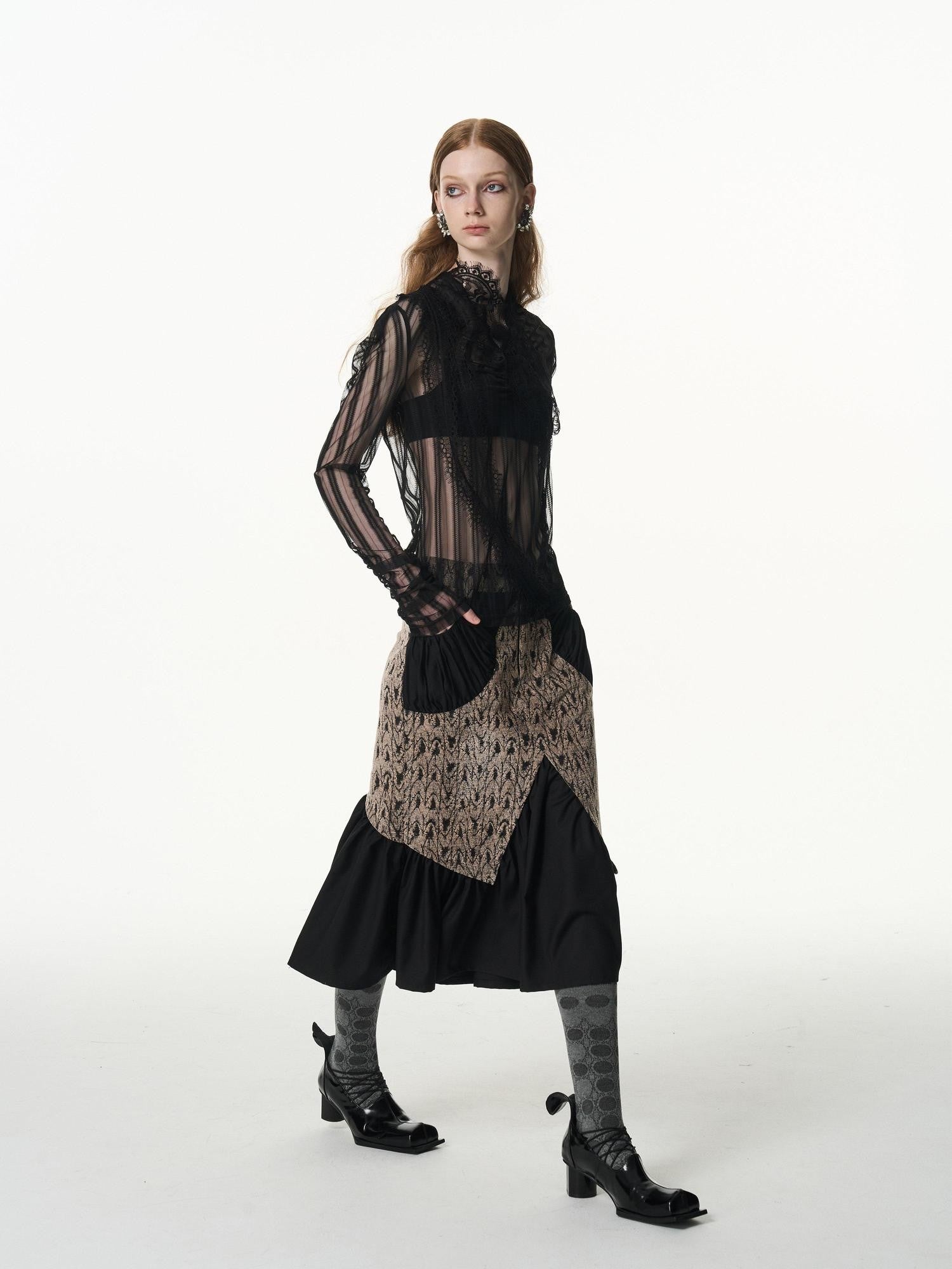popoop Asymmetrical Jacquard Patchwork Fitted Hip Women&